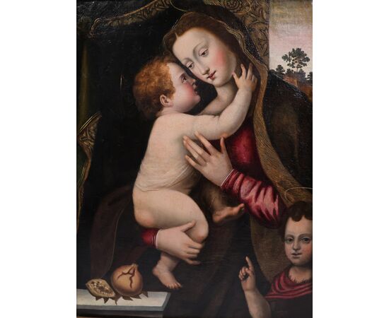 Mariotto Albertinelli seguace di, Firenze 1474 – Firenze 1515; La Vergine con il Bambino e l'infante San Giovanni Battista; olio su tela