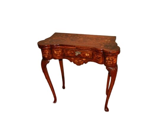 Prezioso Tavolino da Gioco Olandese di Fine 1700 Riccamente Intarsiato