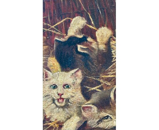Dipinto di gatti, Olio su tela " Gattini in una valigetta di vimini" - Napoleone III. 