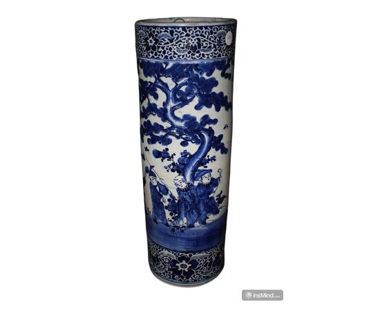 Vaso Porta Ombrelli Cinese in Porcellana Bianca e Blu Decorata con Personaggi