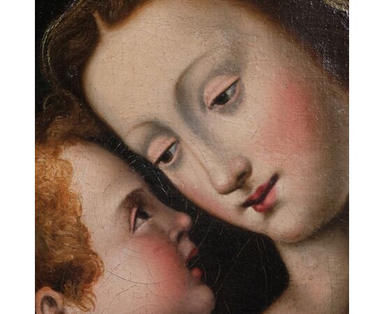 Mariotto Albertinelli seguace di, Firenze 1474 – Firenze 1515; La Vergine con il Bambino e l'infante San Giovanni Battista; olio su tela