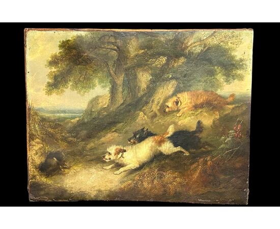 Dipinto, olio su tela, "Terriers che inseguono un coniglio" firmato G. Armfield - XIX sec. 