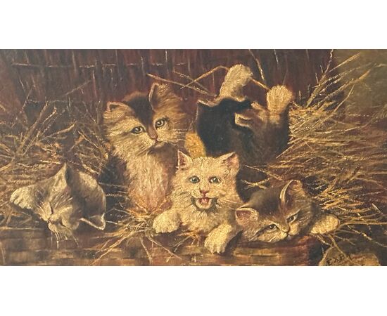 Dipinto di gatti, Olio su tela " Gattini in una valigetta di vimini" - Napoleone III. 