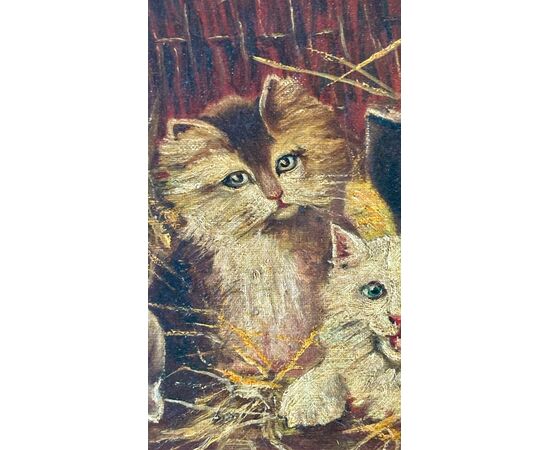 Dipinto di gatti, Olio su tela " Gattini in una valigetta di vimini" - Napoleone III. 