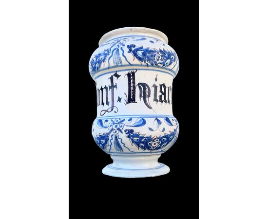 Vaso albarello in maiolica a decoro turchino.Manifattura Manardi.Bassano.