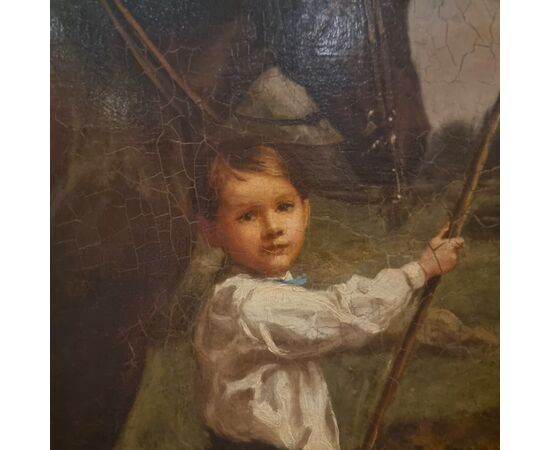 Olio su tela 800 paesaggio con dama a cavallo e fanciulli-Charles James 1851-1906 