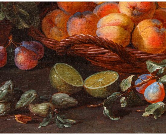 Adriaen van der Cabel (Rijswijk, 1630 o 1631 – Lione, 16 giugno 1705), Natura morta con cesti di prugne e albicocche