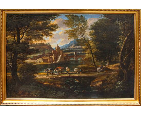 Cerchia di of Jakob de Heusch (Utrecht, 1657- Amsterdam, 1701), Paesaggio Italiano con viandanti