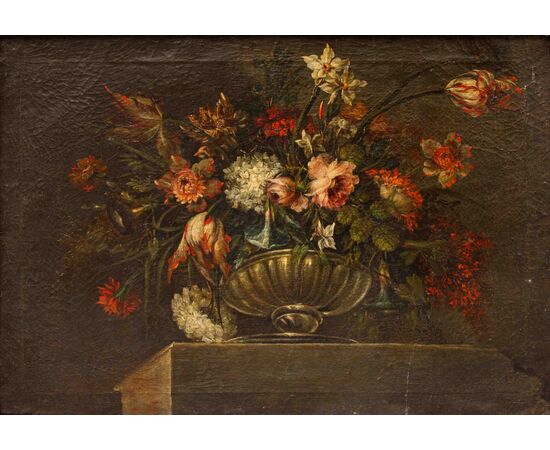 Scuola napoletana, XVIII secolo, Vaso di fiori su base in marmo