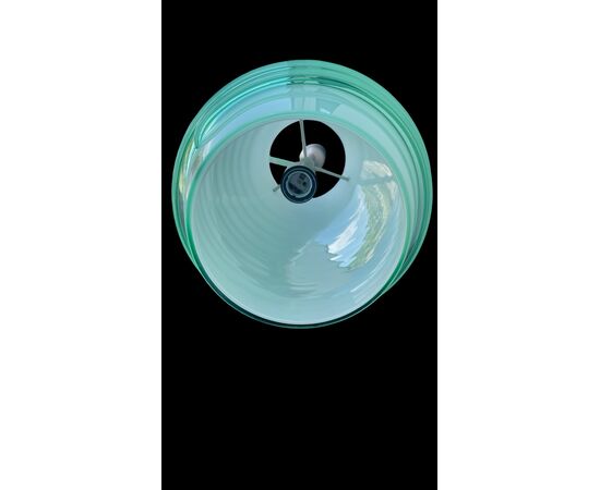 Lampadario in vetro incamiciato lattimo verde con spirale esterna.Manifattura MITO.