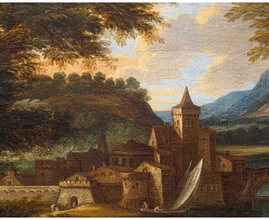 Cerchia di of Jakob de Heusch (Utrecht, 1657- Amsterdam, 1701), Paesaggio Italiano con viandanti