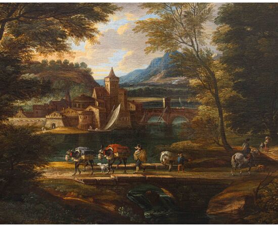 Cerchia di of Jakob de Heusch (Utrecht, 1657- Amsterdam, 1701), Paesaggio Italiano con viandanti