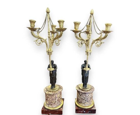  Coppia di Candelabri Impero in Bronzo Patinato e Dorato