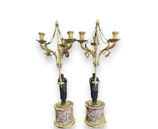  Coppia di Candelabri Impero in Bronzo Patinato e Dorato