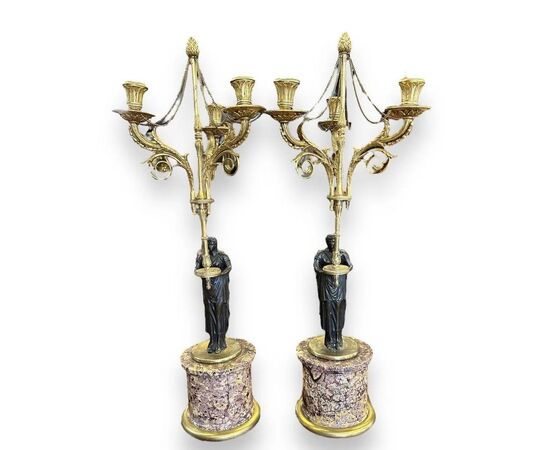 Coppia di Candelabri Impero in Bronzo Patinato e Dorato