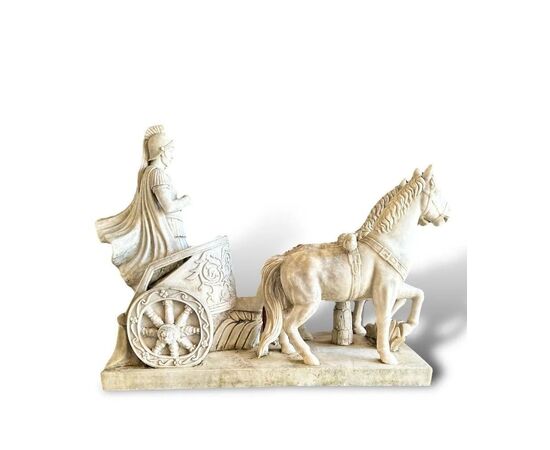  Rara Coppia di Sculture in Marmo Bianco, Bighe Romane, XIX Secolo 