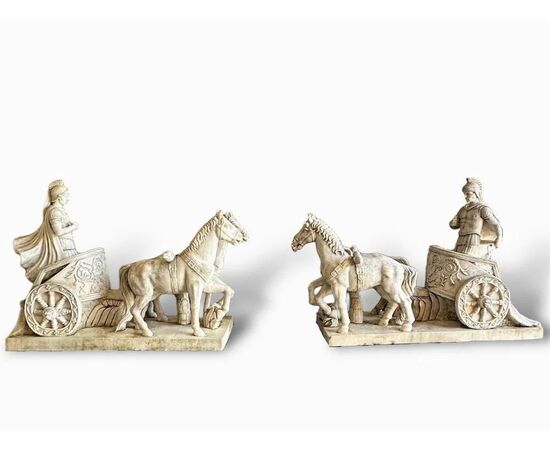  Rara Coppia di Sculture in Marmo Bianco, Bighe Romane, XIX Secolo 