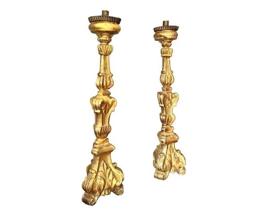  Coppia di Torcieri in Legno Dorato, XIX Secolo