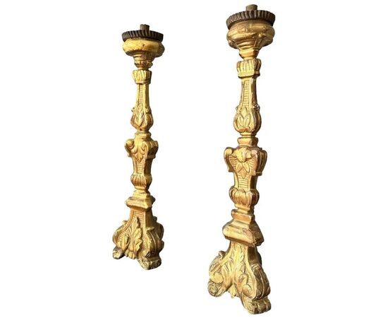  Coppia di Torcieri in Legno Dorato, XIX Secolo