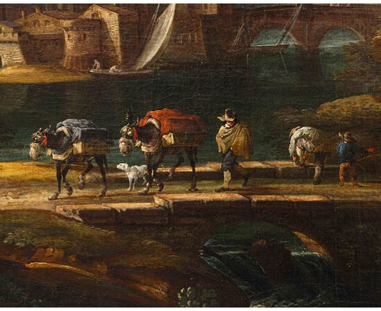 Cerchia di of Jakob de Heusch (Utrecht, 1657- Amsterdam, 1701), Paesaggio Italiano con viandanti