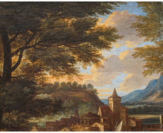 Cerchia di of Jakob de Heusch (Utrecht, 1657- Amsterdam, 1701), Paesaggio Italiano con viandanti