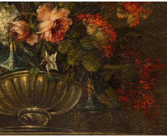 Scuola napoletana, XVIII secolo, Vaso di fiori su base in marmo