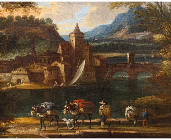 Cerchia di of Jakob de Heusch (Utrecht, 1657- Amsterdam, 1701), Paesaggio Italiano con viandanti