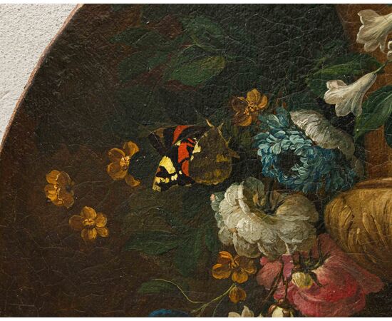 Scuola lombarda, XIX secolo, Composizione di fiori, frutta e fontana