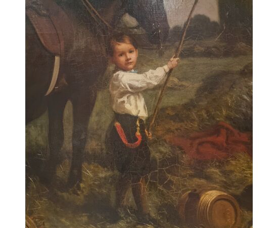 Olio su tela 800 paesaggio con dama a cavallo e fanciulli-Charles James 1851-1906 