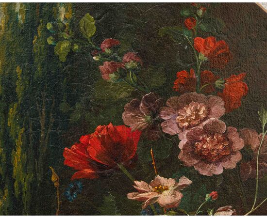 Scuola lombarda, XIX secolo, Composizione di fiori, frutta e fontana