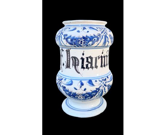 Vaso albarello in maiolica a decoro turchino.Manifattura Manardi.Bassano.