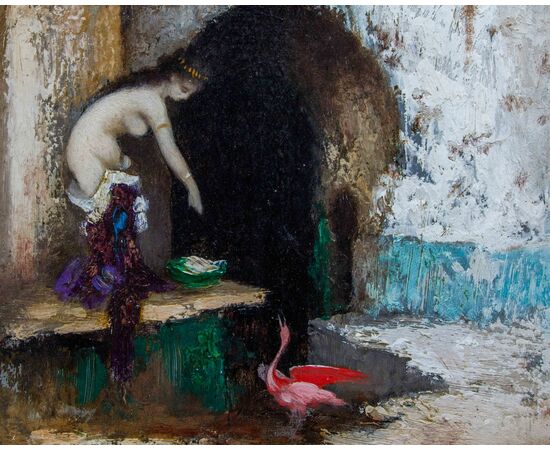 Henri Anatole De Beaulieu (Parigi, 1819 -1884), Donna con ibis rosa