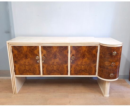 CREDENZA ART DECO IN RADICA DI NOCE E PERGAMENA ORIGINALE DEGLI ANNI 1930-40