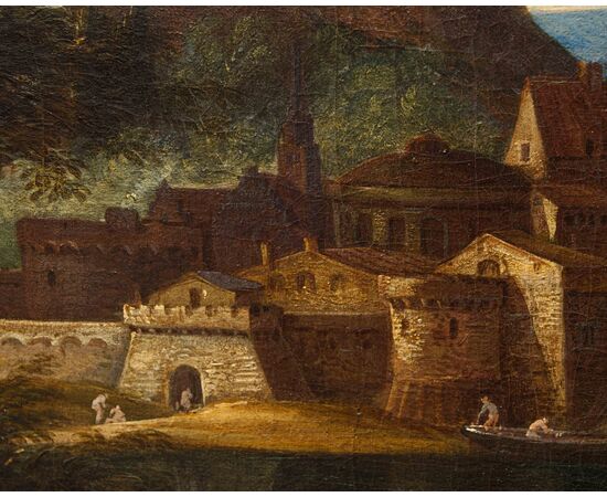 Cerchia di of Jakob de Heusch (Utrecht, 1657- Amsterdam, 1701), Paesaggio Italiano con viandanti