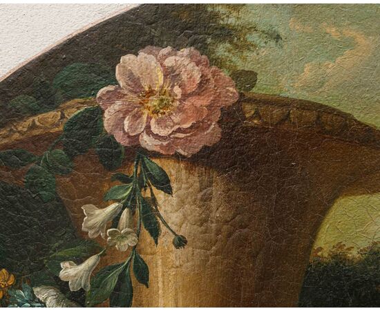 Scuola lombarda, XIX secolo, Composizione di fiori, frutta e fontana