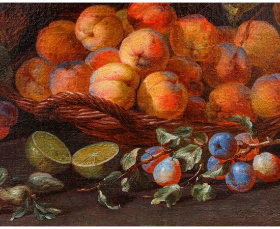 Adriaen van der Cabel (Rijswijk, 1630 o 1631 – Lione, 16 giugno 1705), Natura morta con cesti di prugne e albicocche