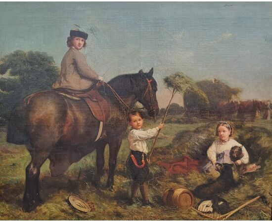 Olio su tela 800 paesaggio con dama a cavallo e fanciulli-Charles James 1851-1906 
