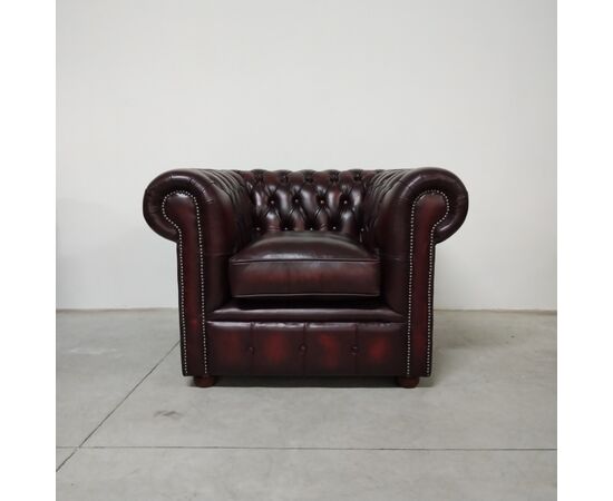 Nuova coppia di poltrone chesterfield club in pelle rosso bordeaux anticato inglese originale 