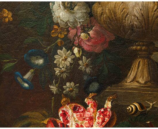 Scuola lombarda, XIX secolo, Composizione di fiori, frutta e fontana