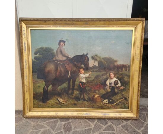 Olio su tela 800 paesaggio con dama a cavallo e fanciulli-Charles James 1851-1906 
