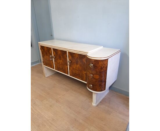 CREDENZA ART DECO IN RADICA DI NOCE E PERGAMENA ORIGINALE DEGLI ANNI 1930-40