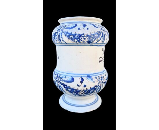 Vaso albarello in maiolica a decoro turchino.Manifattura Manardi.Bassano.
