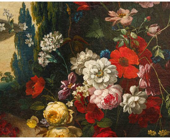 Scuola lombarda, XIX secolo, Composizione di fiori, frutta e fontana