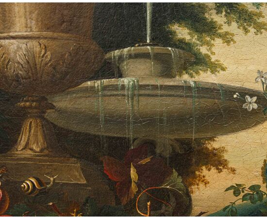 Scuola lombarda, XIX secolo, Composizione di fiori, frutta e fontana