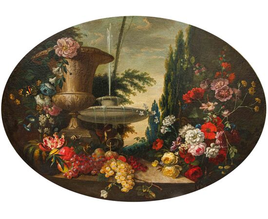 Scuola lombarda, XIX secolo, Composizione di fiori, frutta e fontana