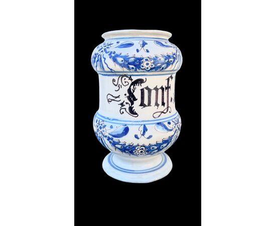 Vaso albarello in maiolica a decoro turchino.Manifattura Manardi.Bassano.