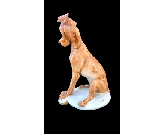 Figura di cane in porcellana con farfalla. Manifattura Cappe’.