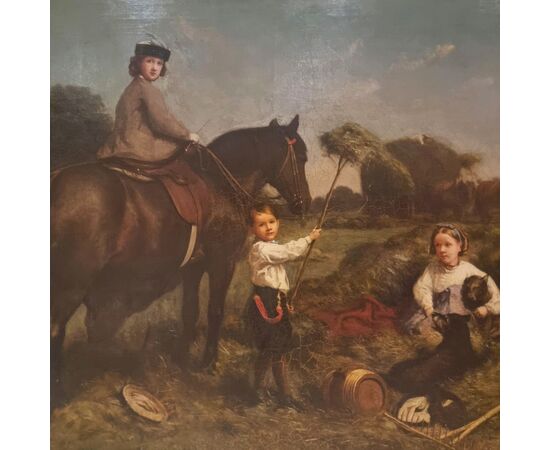 Olio su tela 800 paesaggio con dama a cavallo e fanciulli-Charles James 1851-1906 