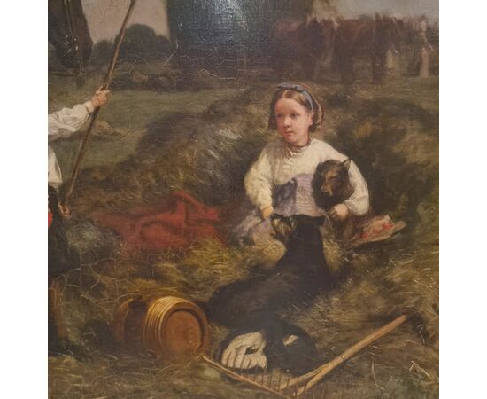 Olio su tela 800 paesaggio con dama a cavallo e fanciulli-Charles James 1851-1906 