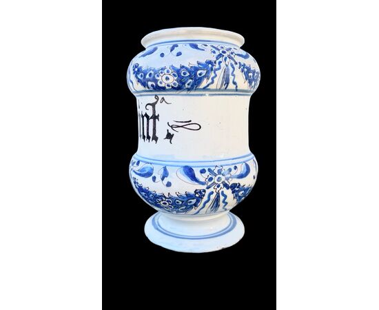 Vaso albarello in maiolica a decoro turchino.Manifattura Manardi.Bassano.